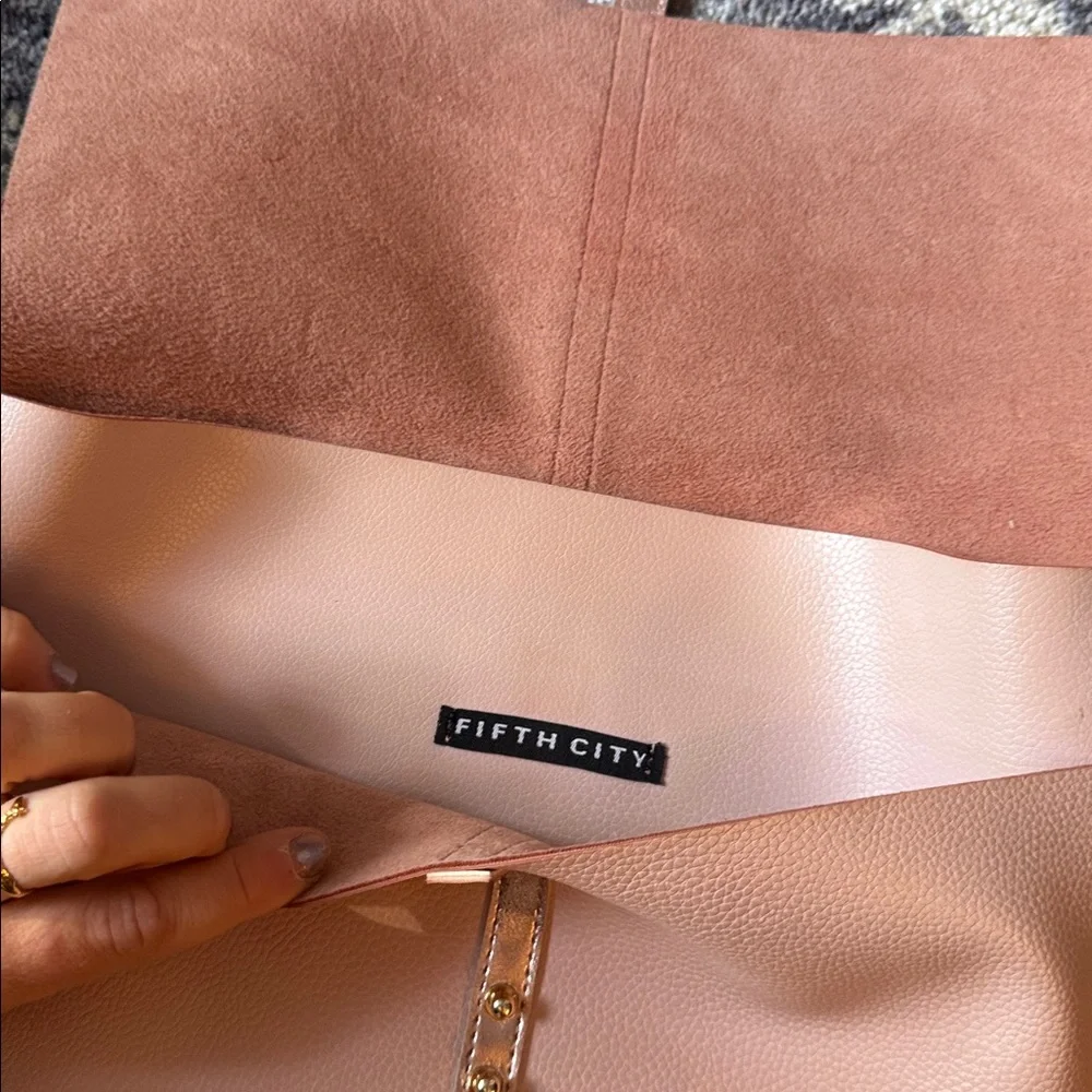 Chic Pink Fifth City Faux Leather Folio Bag with Rose Gold Accents